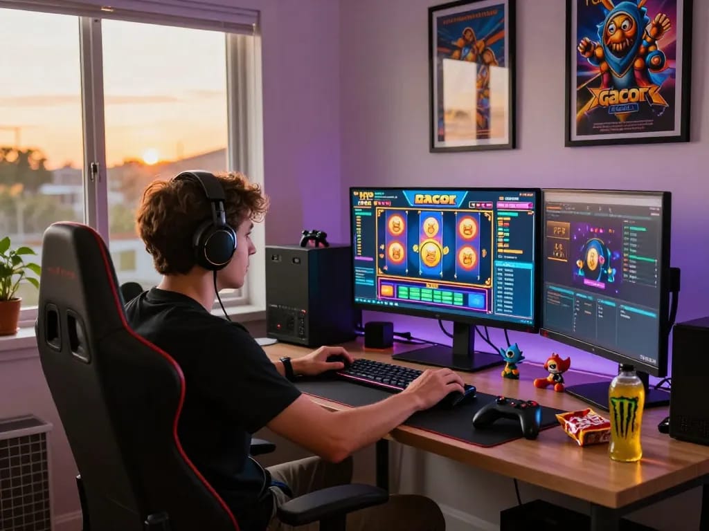Intense gamer focusing on slot gacor game at home office, showcasing vibrant setup and gaming excitement.