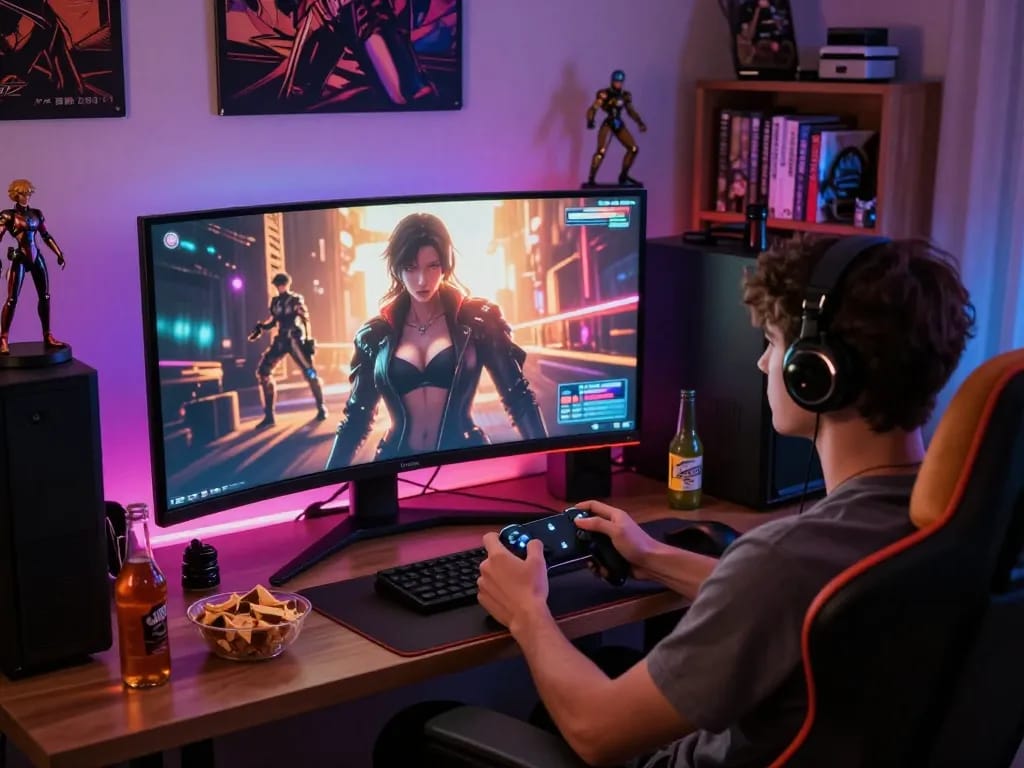 Engaged player enjoying an immersive sex game in a vibrant gaming room.