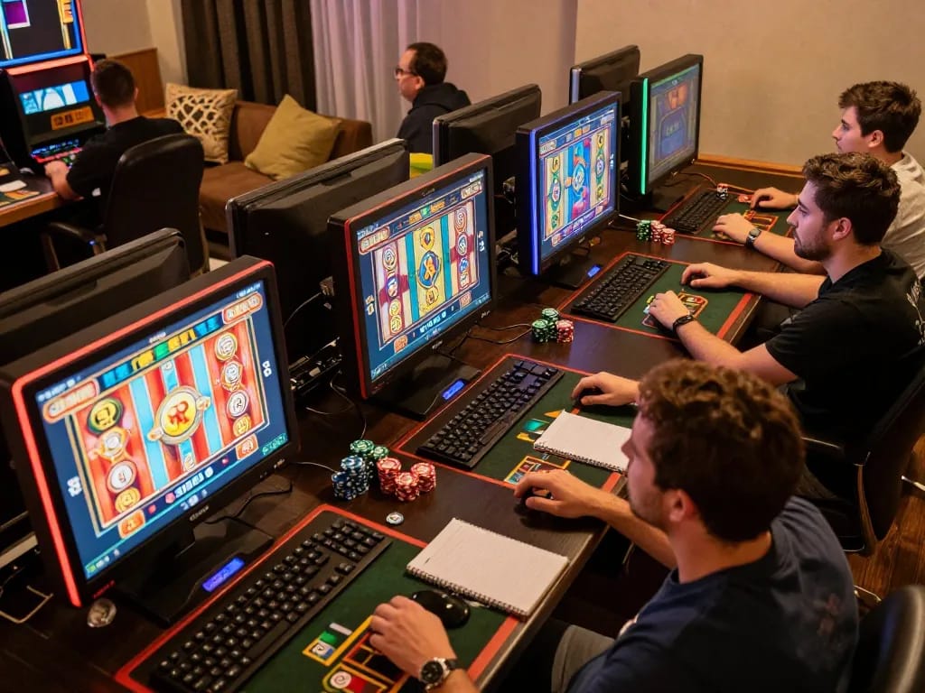 Players enjoying slot gacor on multiple devices in a cozy home setting, showcasing vibrant graphics and engagement.