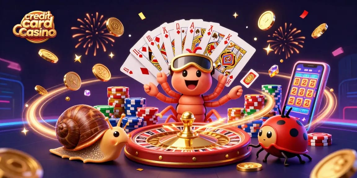 Engage at a credit card casino with colorful chips and fun characters in a vibrant 3D scene.