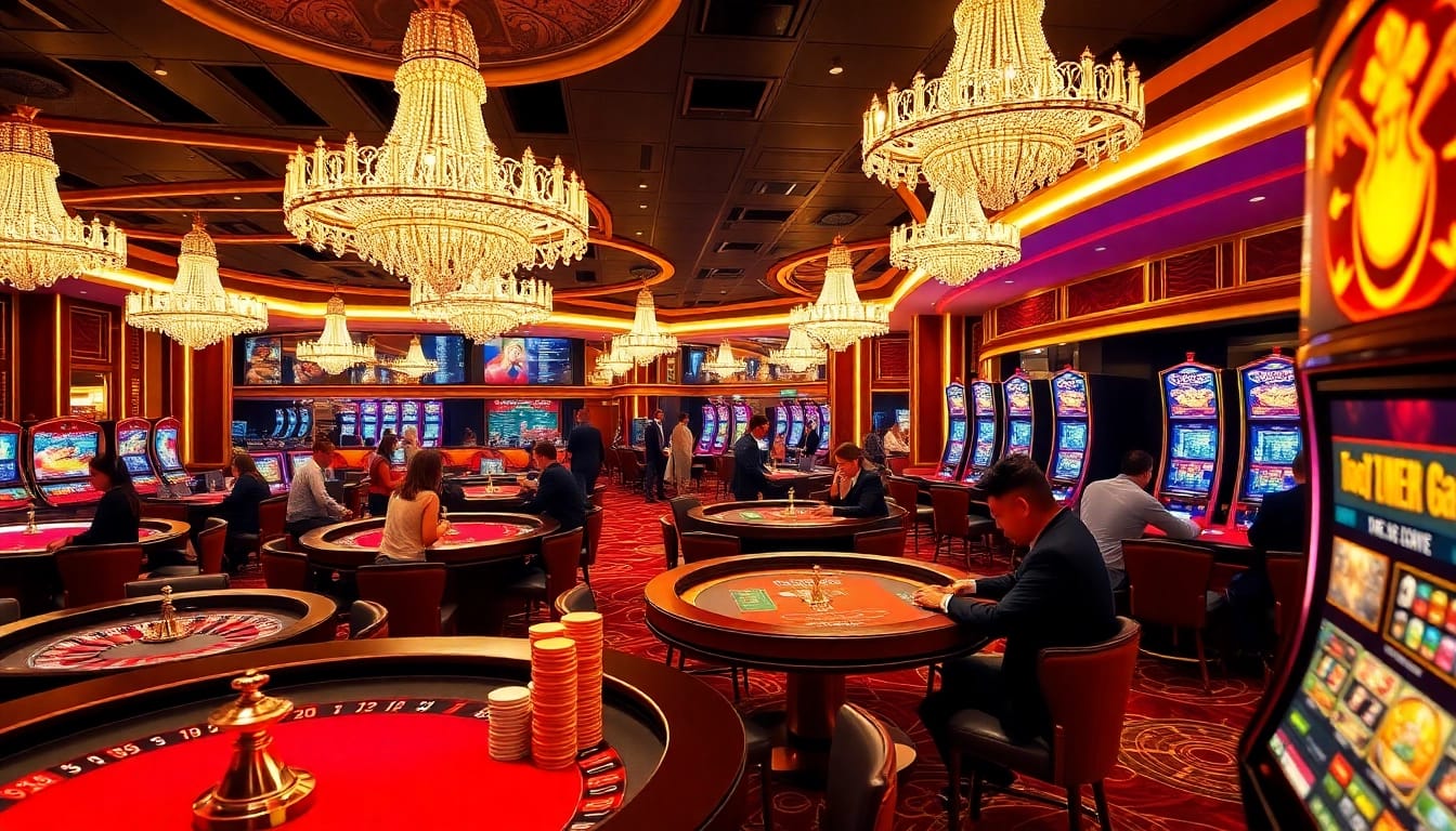 Nohu gamers enjoying a thrilling casino night at vibrant roulette tables and slot machines.