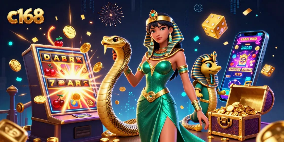 Experience thrilling gameplay at c168 with an alluring woman in emerald gown and golden cobra amidst slot machine jackpots.