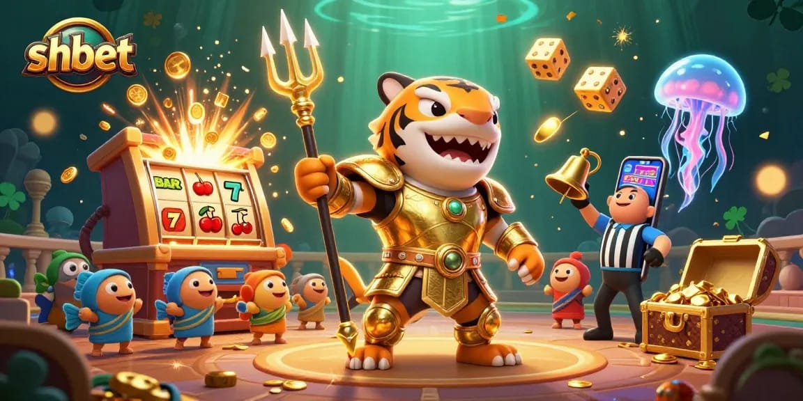 Experience thrilling gameplay at shbet with an energetic underwater casino scene featuring a tiger shark and dynamic game elements.