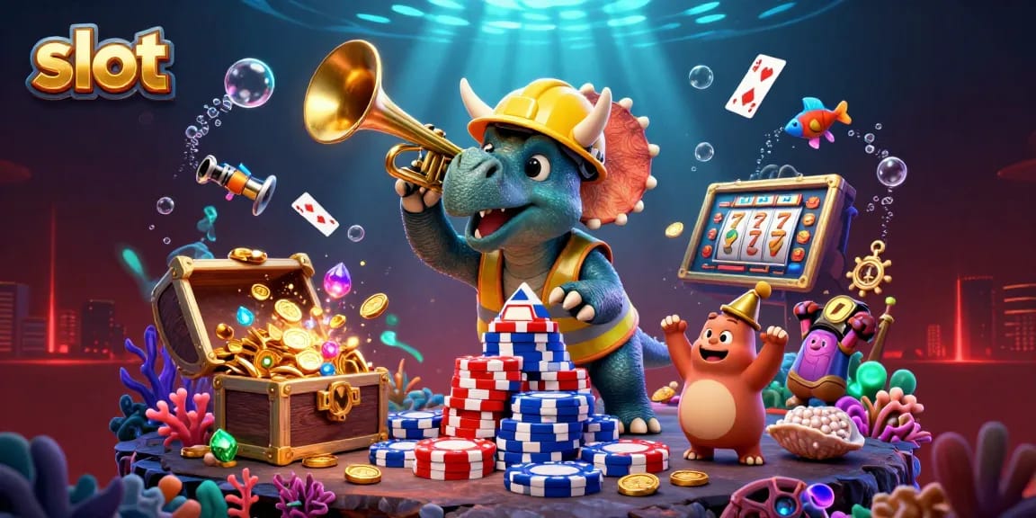 Slot gacor menyenangkan dengan triceratops membangun tumpukan chip poker dan parasaurolophus merayakan kemenangan.