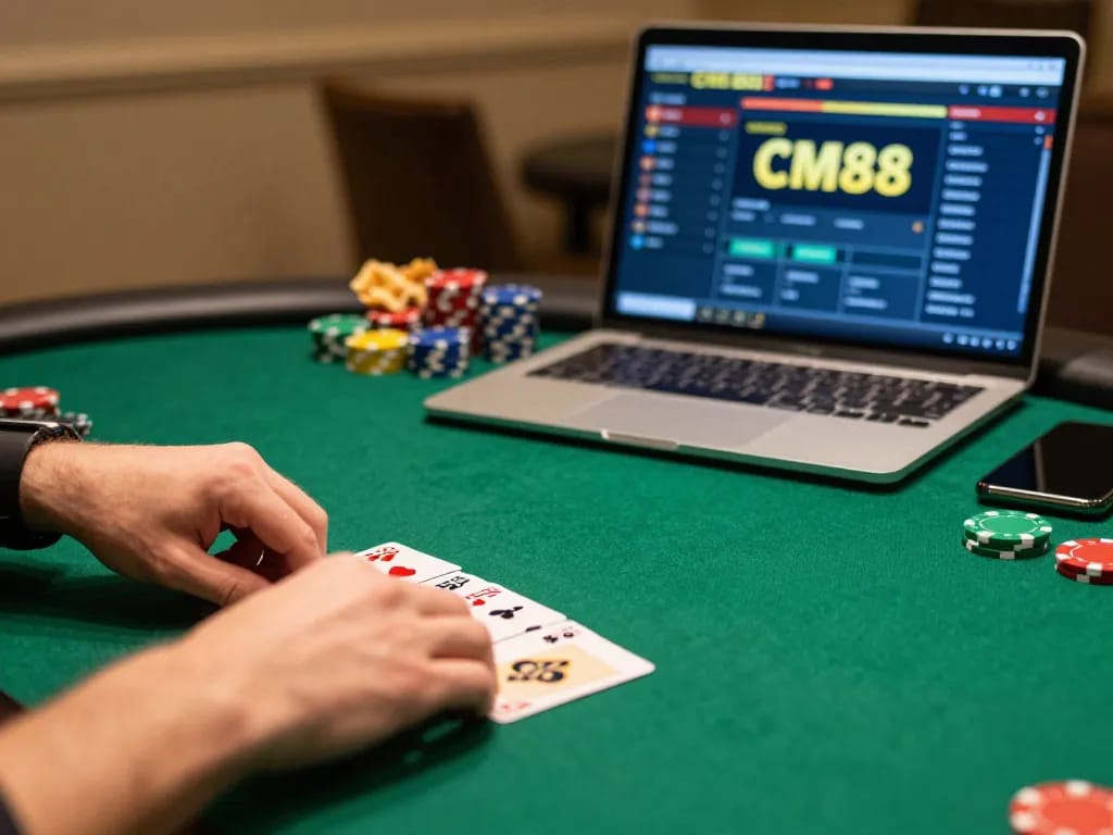 cm88 players deeply focused on online poker strategy at home with vibrant interface and strategic chips
