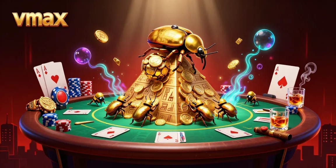 Experience the thrilling gambling excitement of vmax with golden beetles rolling coins and poker elements in a vibrant scene.