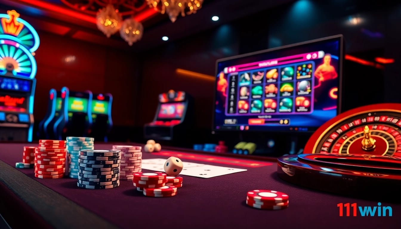 Experience the thrill of winning at 11win net with vibrant casino elements, including cards and dice.