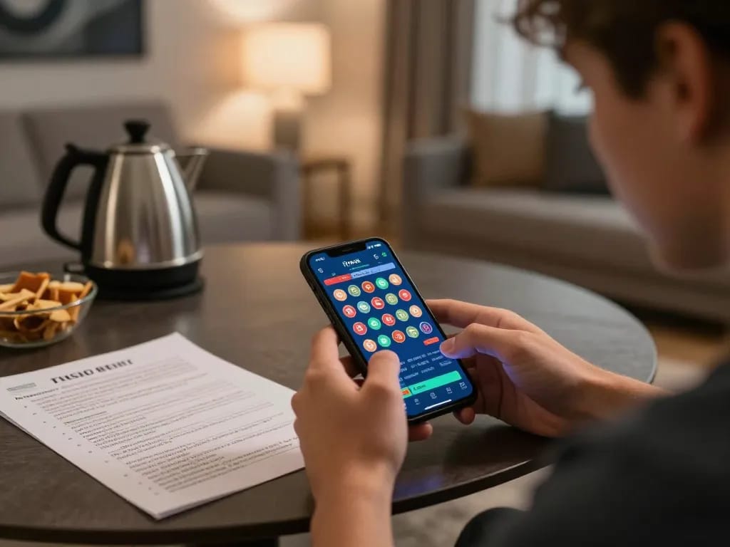 Player using mobile app for toto slot games in a cozy living room, focusing on winning strategies.