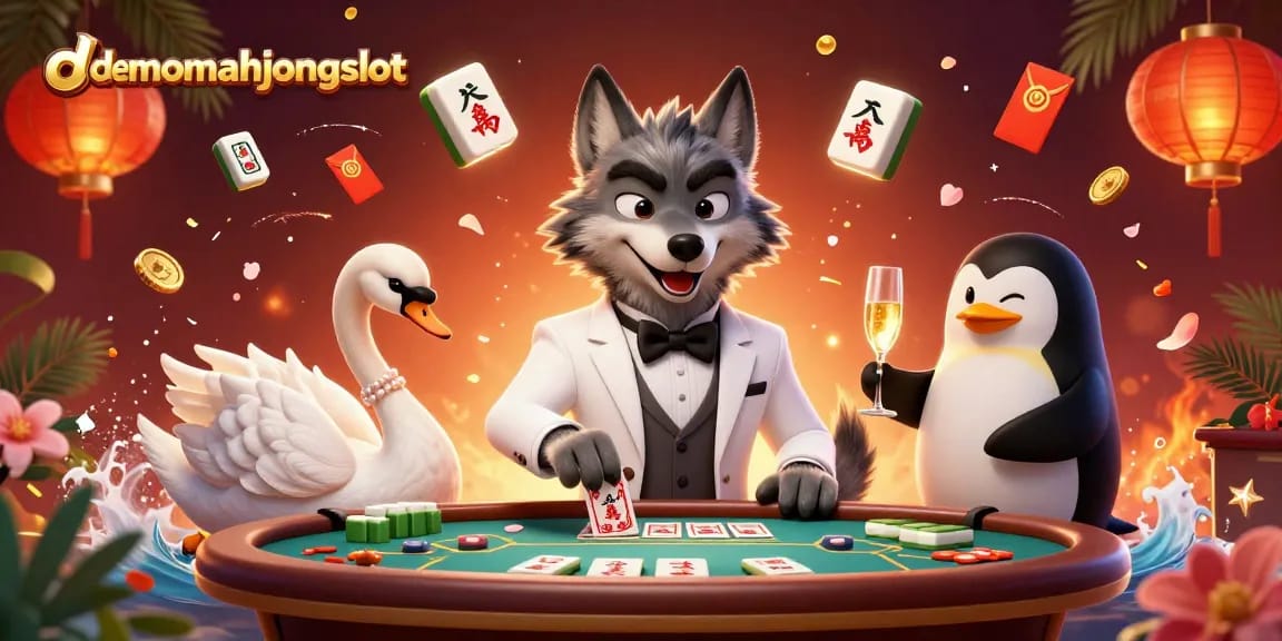 Experience demomahjongslot with a vibrant 3D casino scene featuring a stylish wolf and elegant swan.