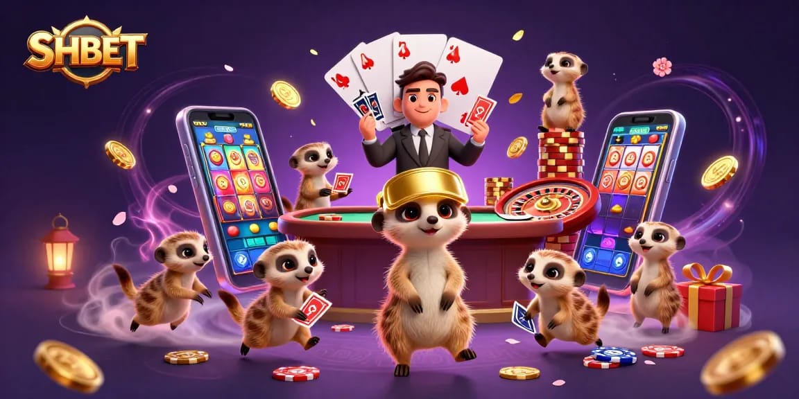 Experience SHBET’s thrilling casino environment with an animated meerkat colony playing games and managing bets.
