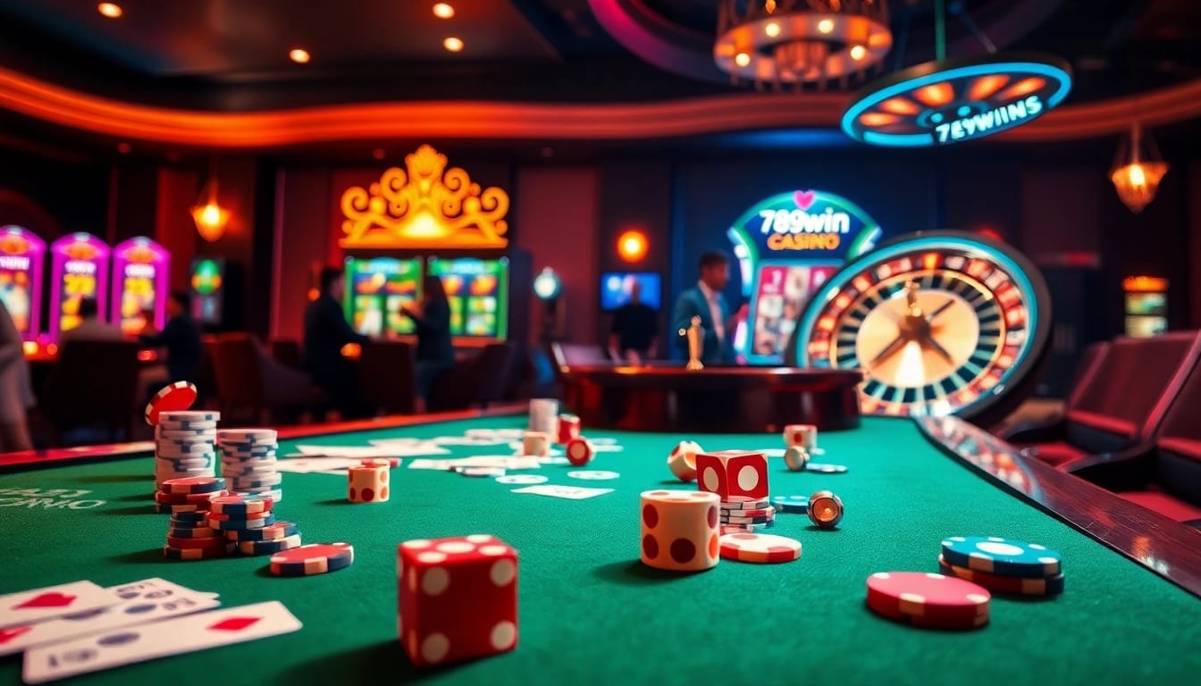 Players enjoying a high-stakes game at 789win casino table with colorful chips and cards.