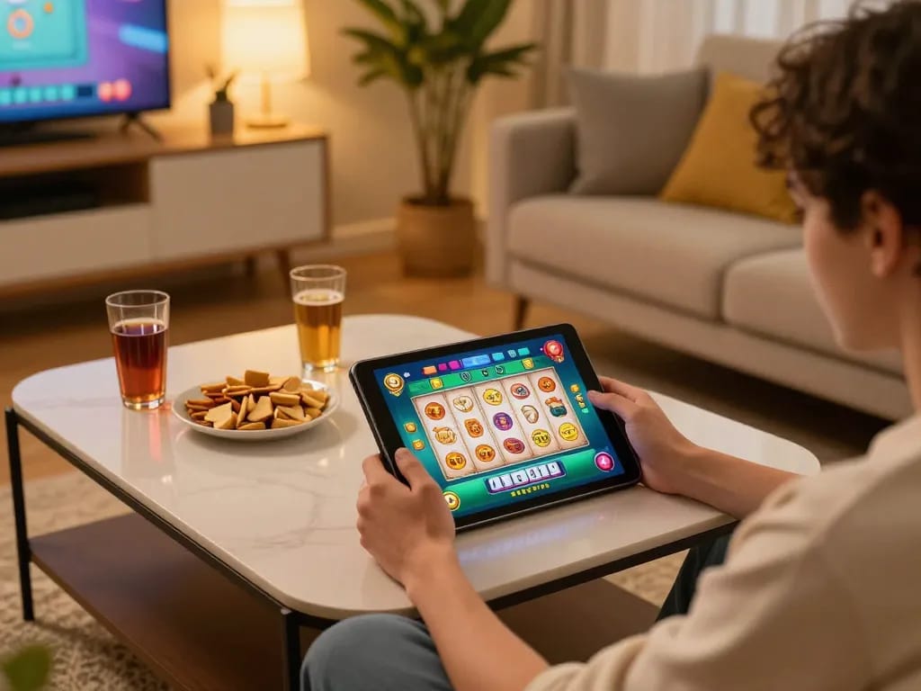 Engaged player enjoying slot mahjong on a tablet in a cozy home setting with snacks.