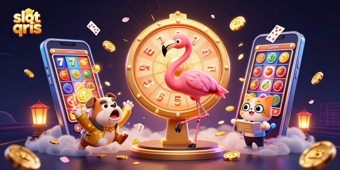 Spin the slot qris prize wheel with exciting characters in a vibrant casino scene.