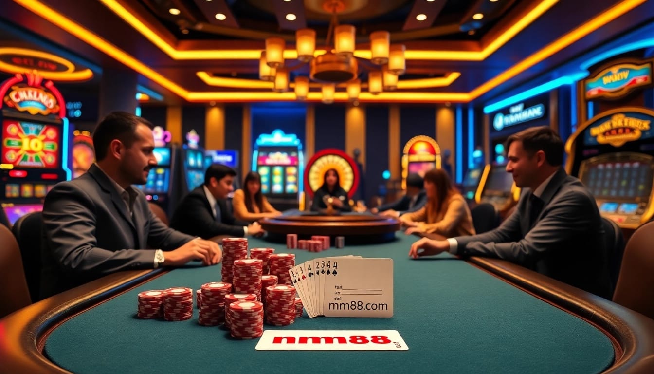 Players engaging in a thrilling casino experience at mm88.com poker table, capturing excitement and luxury.