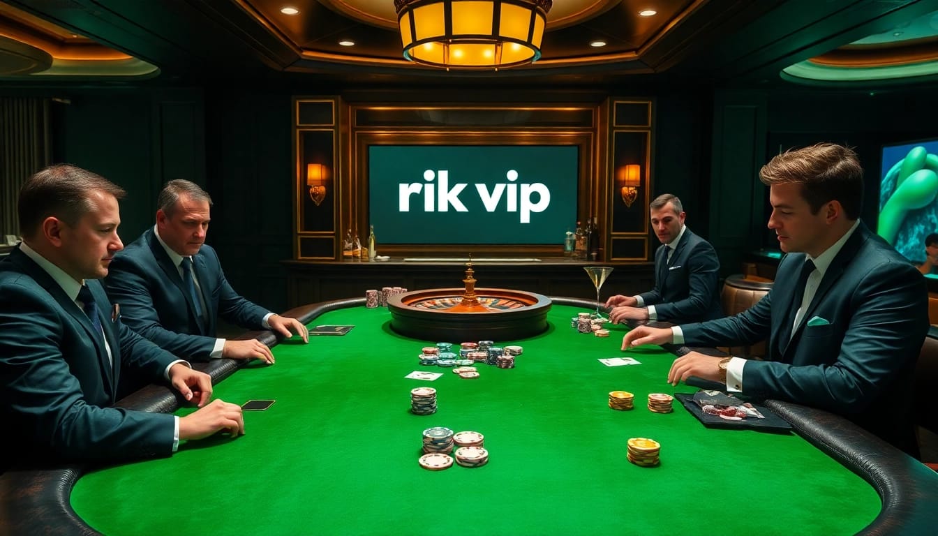 High-stakes poker at an elegant casino table featuring rik vip branding and colorful chips.
