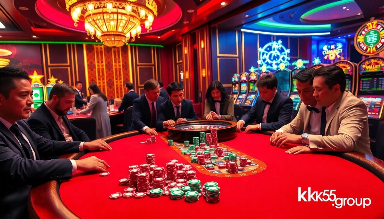 Experience excitement as players engage in high-stakes poker at kk55.group's luxurious casino.