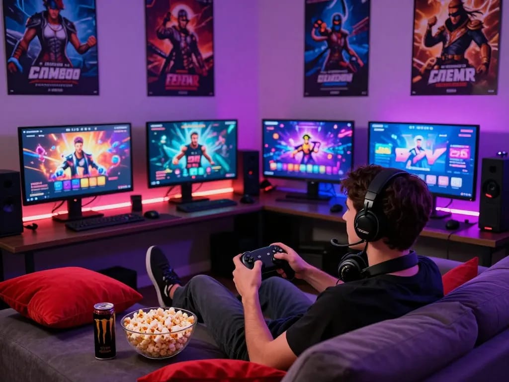 Engaging scene showcasing a player immersed in a porngame on multiple screens, with colorful LED lights and a cozy gaming setup.