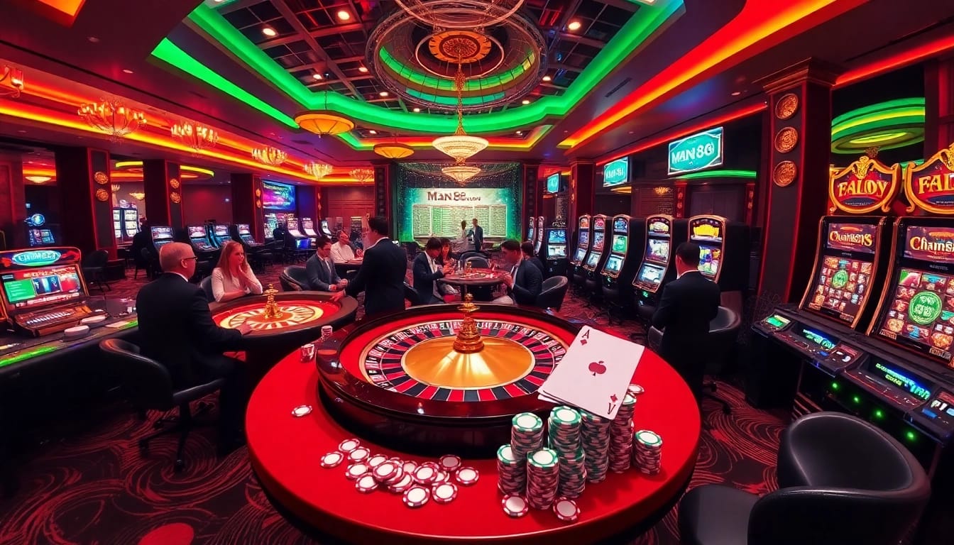 Experience the thrill of Man 88 with a dynamic casino scene showcasing excitement and winning bets.
