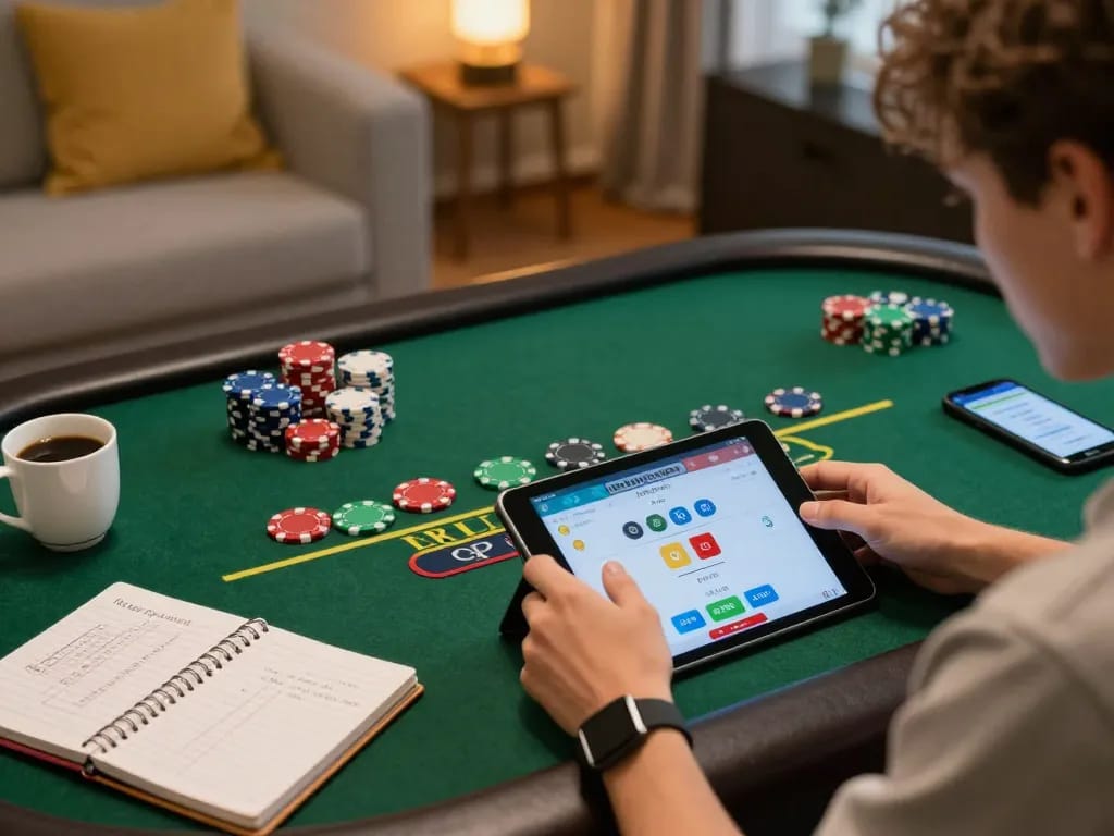 Player engaging in baccarat on Hi88 platform, showcasing tablet and strategy notes, cozy home setting.