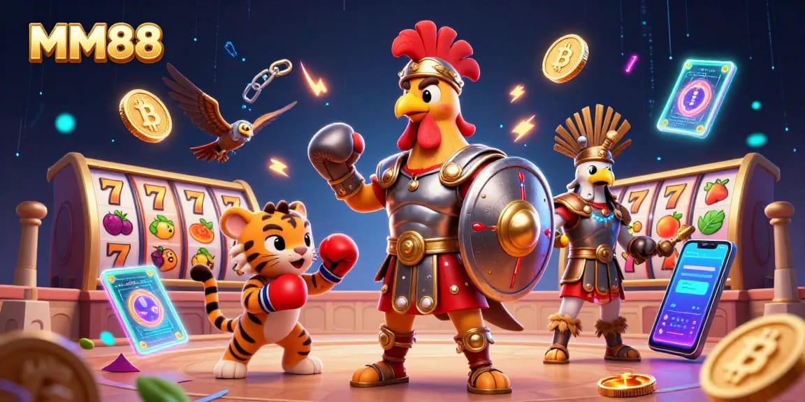 Experience the thrill with MM88's vibrant slots, featuring a gladiator rooster amidst neon casino elements.
