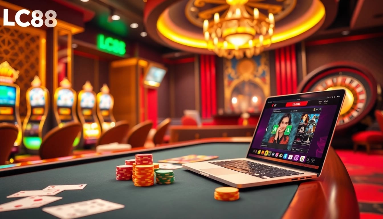Players enjoying a thrilling gaming experience at LC88's luxurious casino tables with vibrant slot machines.