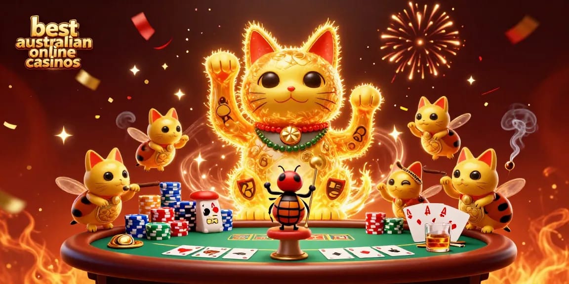 Experience the thrill at the best australian online casinos with a colorful scene of a lucky cat and vibrant casino symbols.