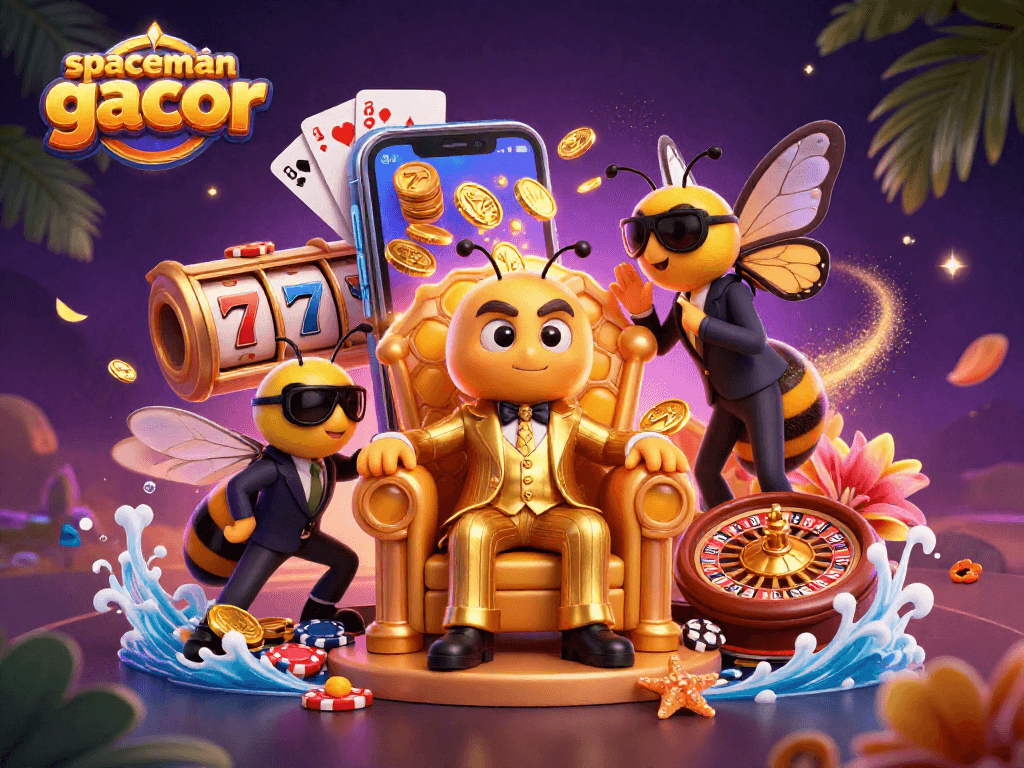 Experience the excitement of spaceman gacor with dynamic slot reels and captivating characters in this rich casino illustration.