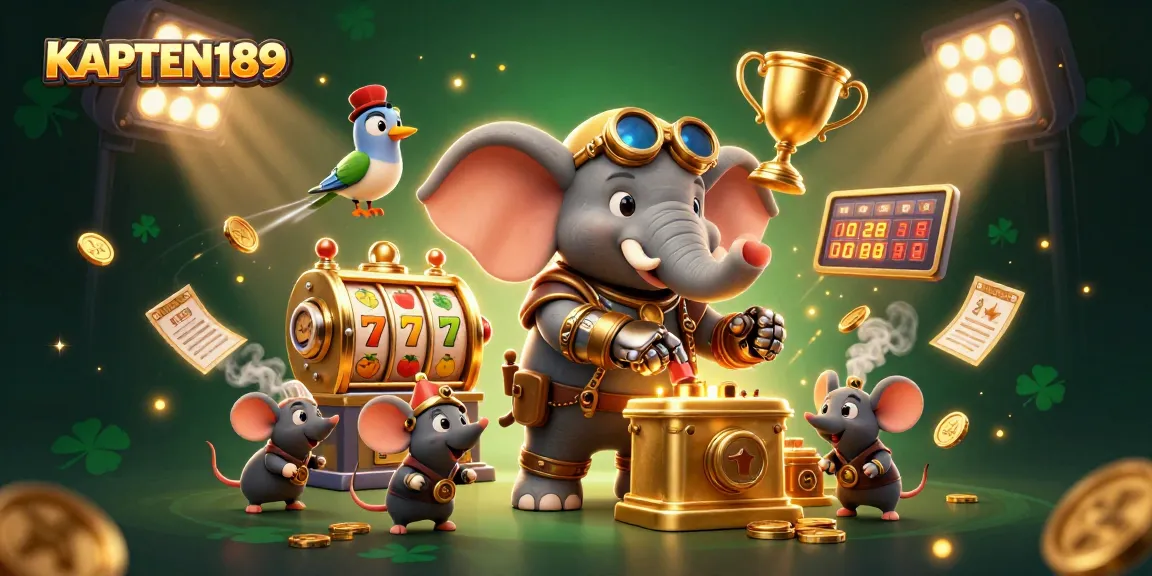 KAPTEN189 memutar mesin slot dengan karakter gajah steampunk yang mengagumkan di latar belakang kasino yang megah.
