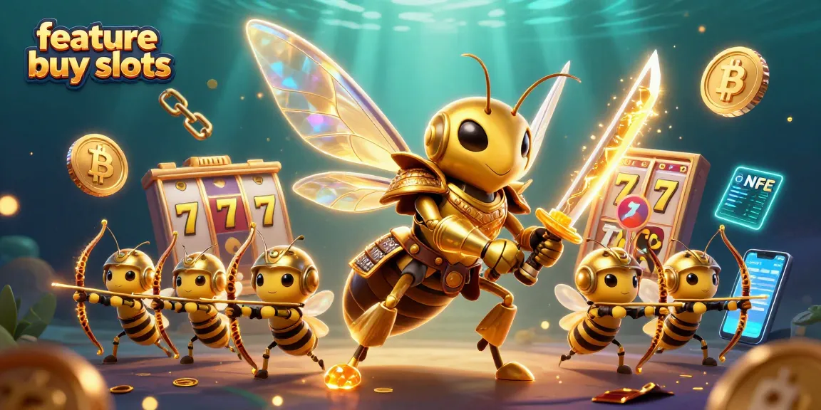 Experience feature buy slots in action with a dynamic illustration of samurai bees and slot elements.
