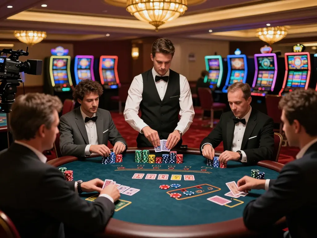 Leci123 players analyzing cards at an upscale blackjack table, immersed in strategic gameplay.