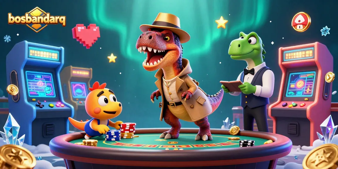 Experience exciting gameplay at bosbandarq with a velociraptor card counter and vibrant casino scene.