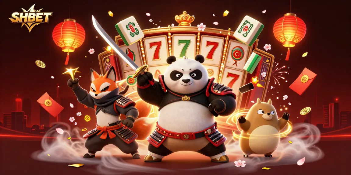 Experience thrilling action with SHBET's samurai panda and ninja fox in vibrant casino scene.