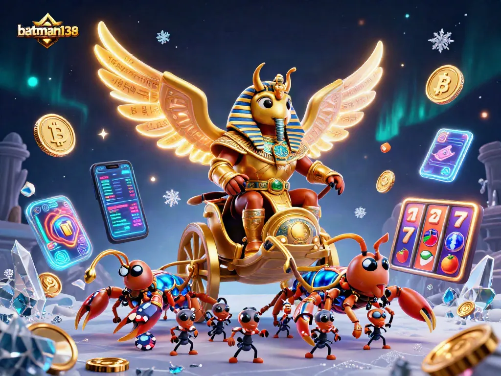 Experience thrilling gaming with batman138 as a colossal scarab beetle leads the action amidst vibrant casino elements.