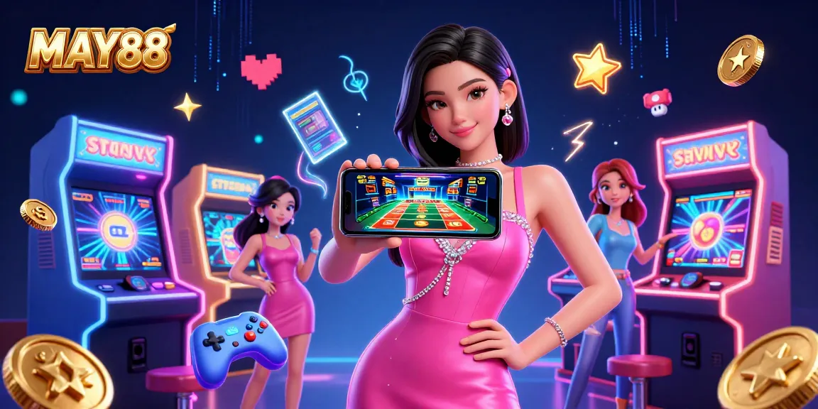 MAY88 showcases a confident gamer enjoying live dealer action on her smartphone surrounded by vibrant casino elements.