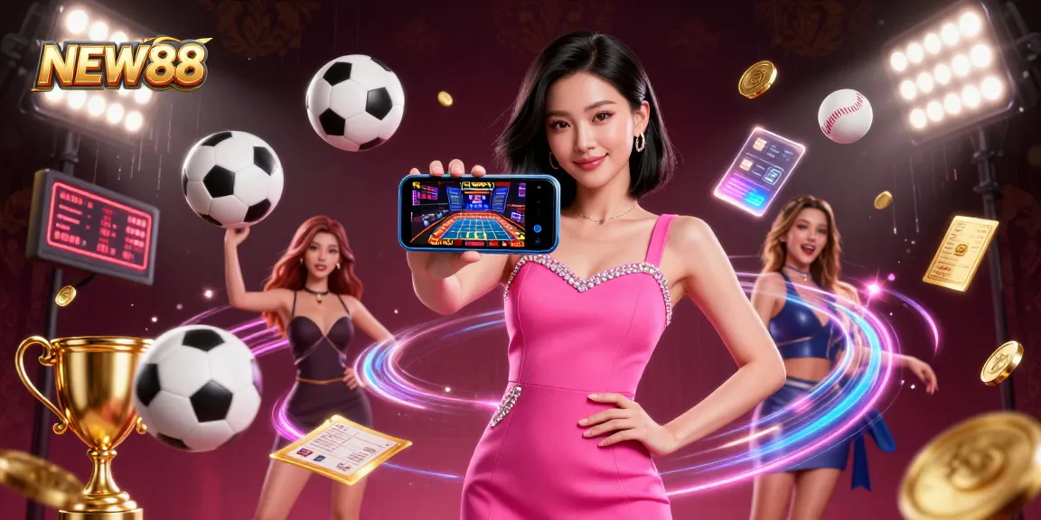 Experience the excitement of NEW88 with a confident woman showcasing live dealer games in a vibrant casino atmosphere.