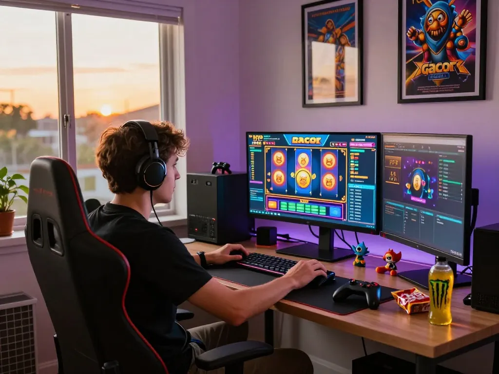 Intense gamer focusing on slot gacor game at home office, showcasing vibrant setup and gaming excitement.