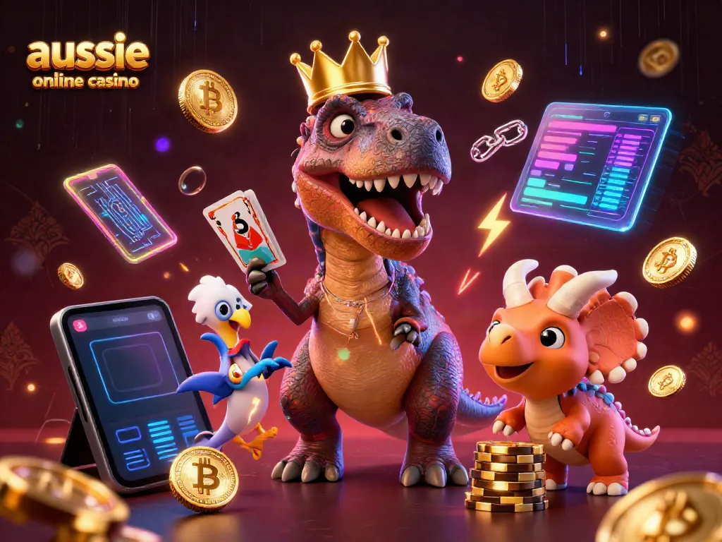 Experience the fun of the aussie online casino with cartoon dinosaurs playing cards and stacking chips.
