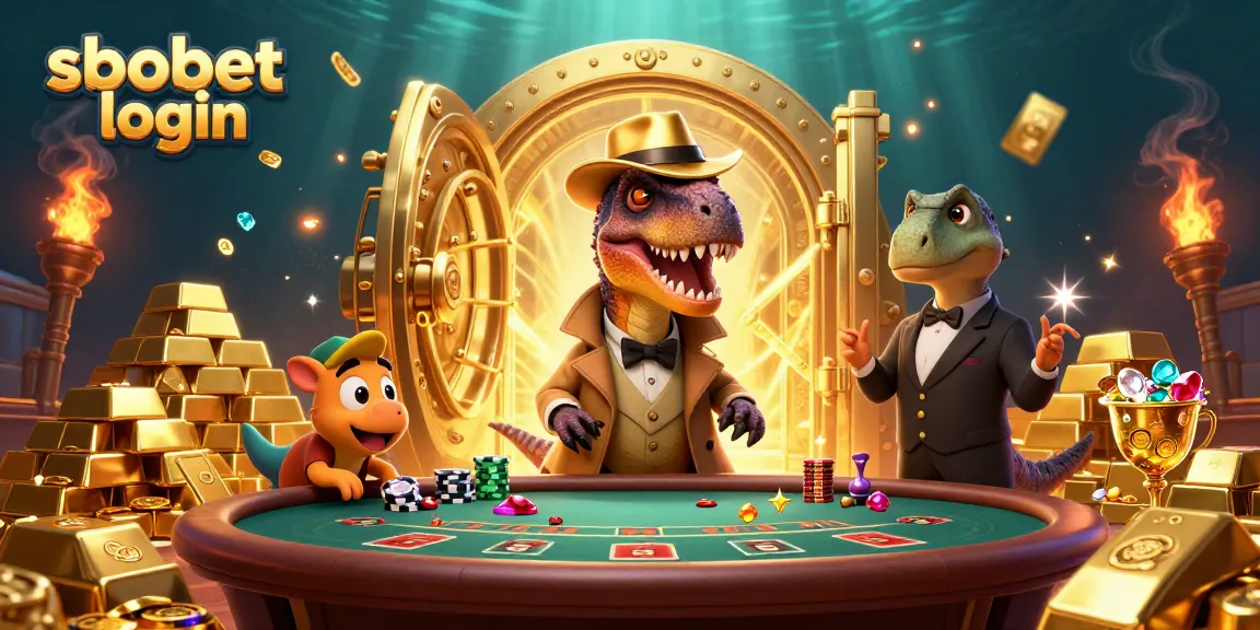 Engage in sbobet login with animated velociraptor at blackjack table surrounded by riches.