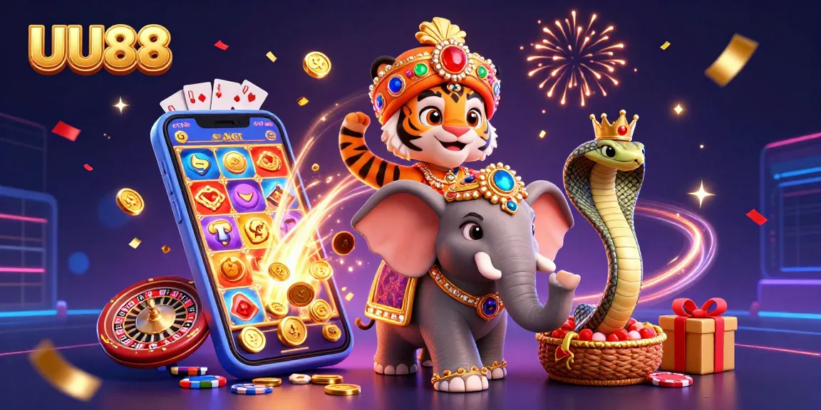 Experience thrilling slot action with UU88's vibrant casino graphic showcasing lively 3D characters.