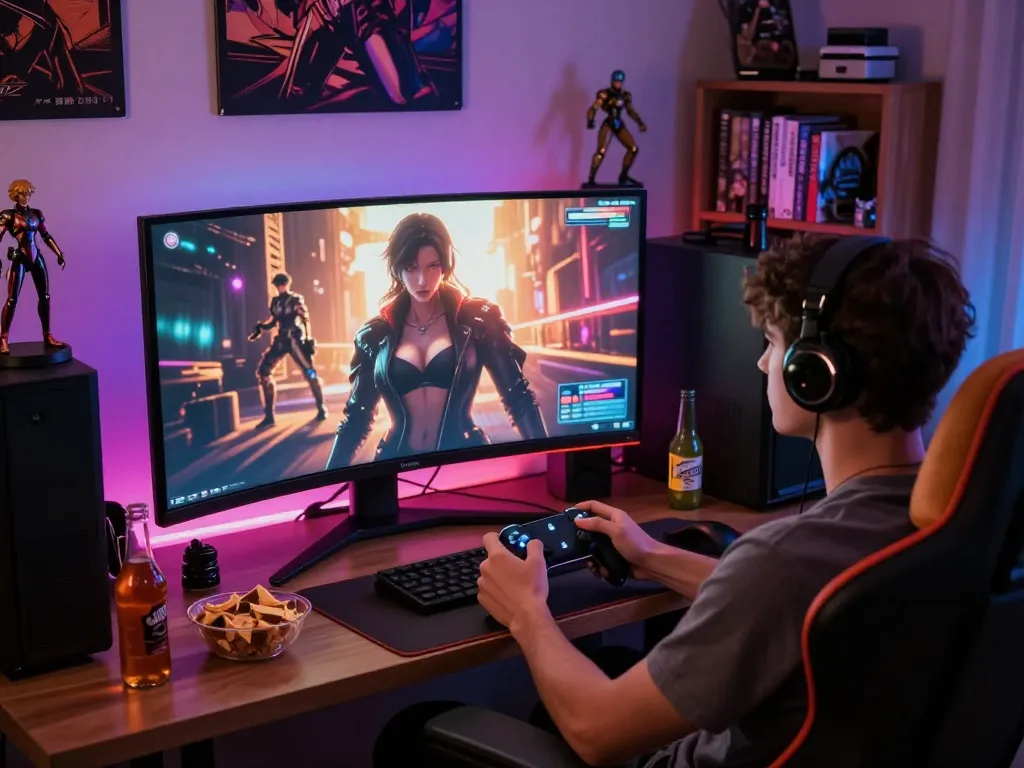 Engaged player enjoying an immersive sex game in a vibrant gaming room.