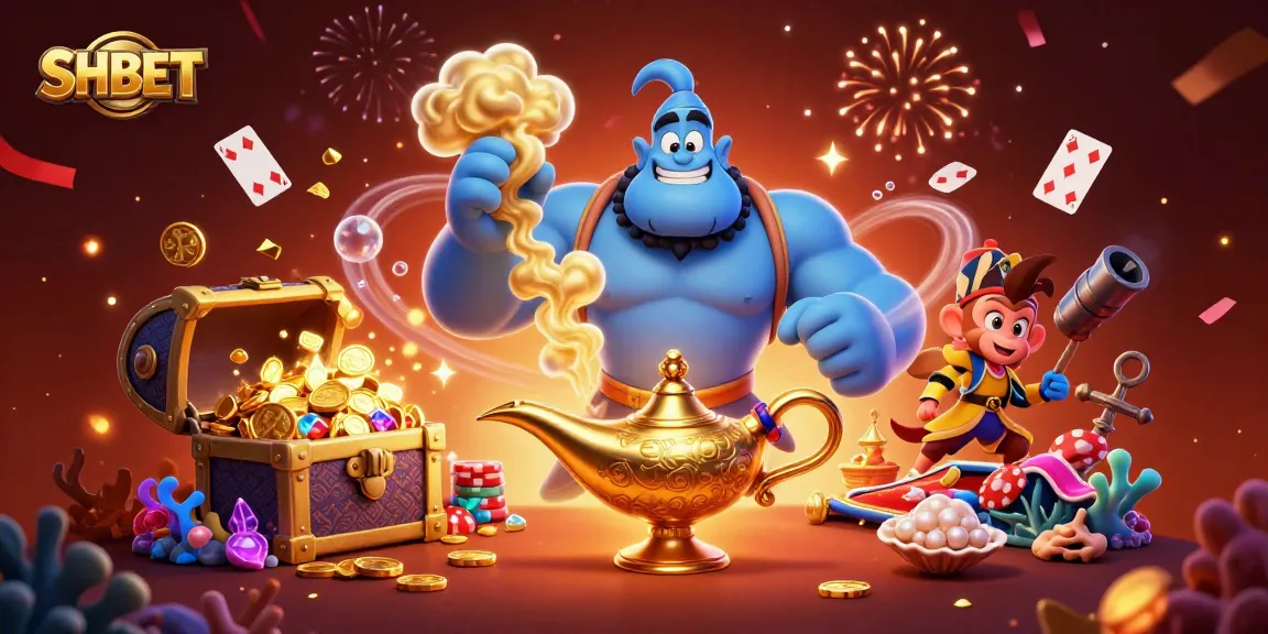 Engage in thrilling SHBET adventures with a genie, monkey, and poker chips in a vibrant casino scene.