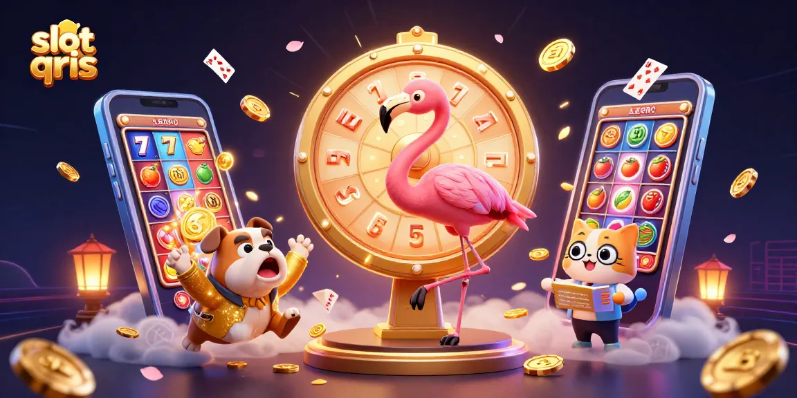 Spin the slot qris prize wheel with exciting characters in a vibrant casino scene.