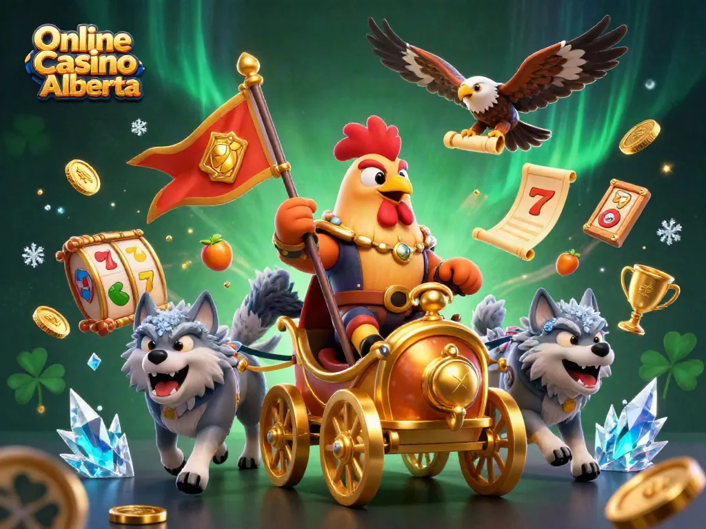 Experience the excitement of Online Casino Alberta with a vibrant scene featuring a rooster warlord and slot reels.
