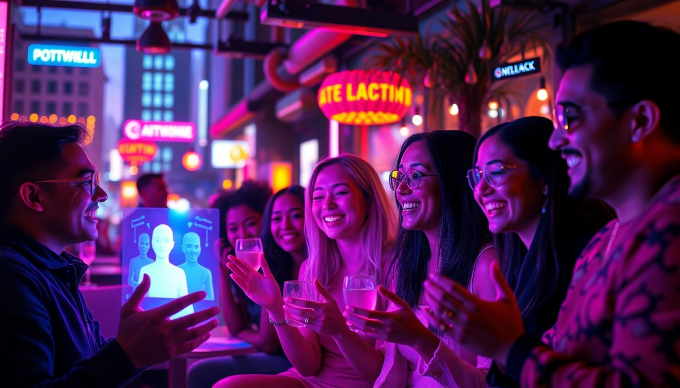 Engaging scene of friends interacting with AI nsfw companions in a vibrant urban lounge.