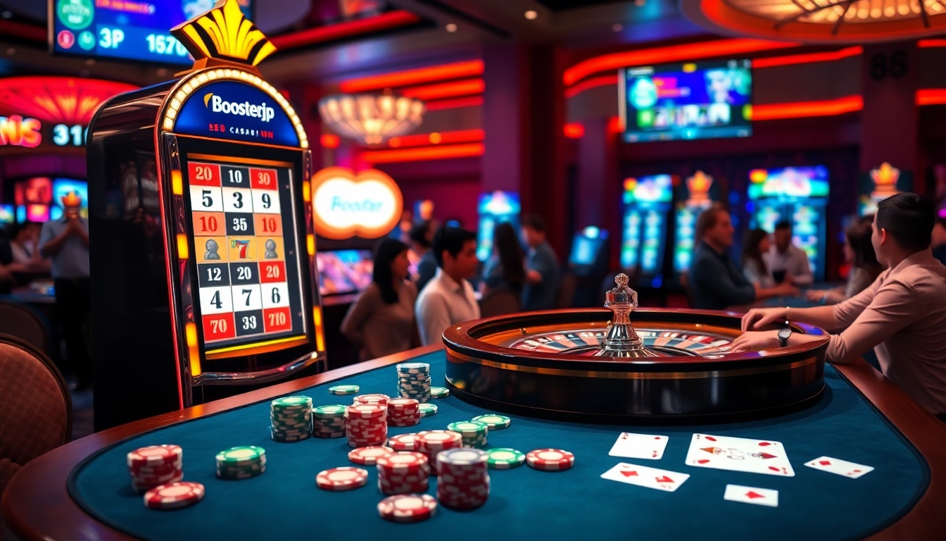 Experience high-stakes excitement with BoosterJP at a luxurious casino slot machine and roulette table.