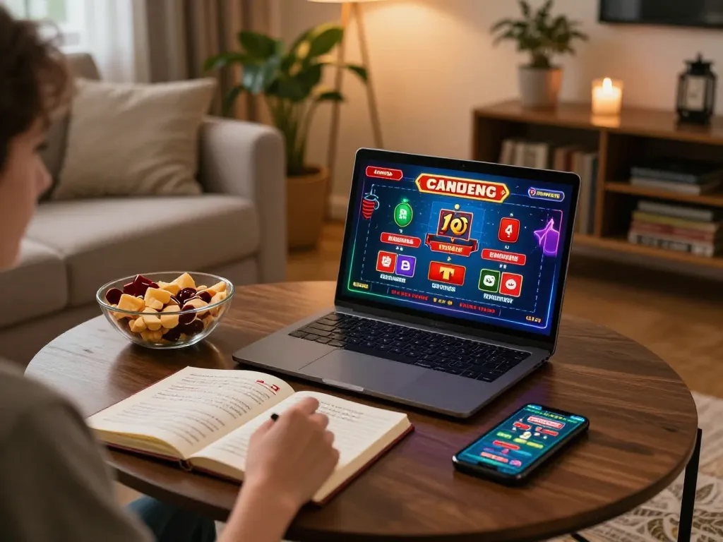 Engaging online casinos in Canada experience at home with laptop and snacks, showing responsible gaming.
