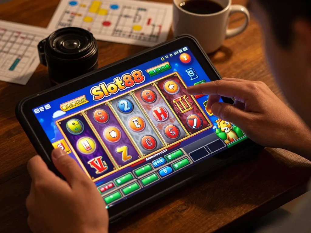 Engaging Slot88 online gaming session with interactive tablet gameplay set in a cozy home.