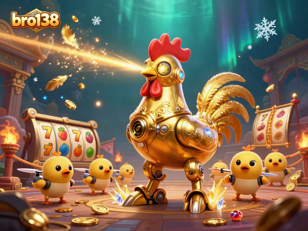 Engage with bro138's exciting slot gameplay featuring a dynamic golden rooster robot illustration.