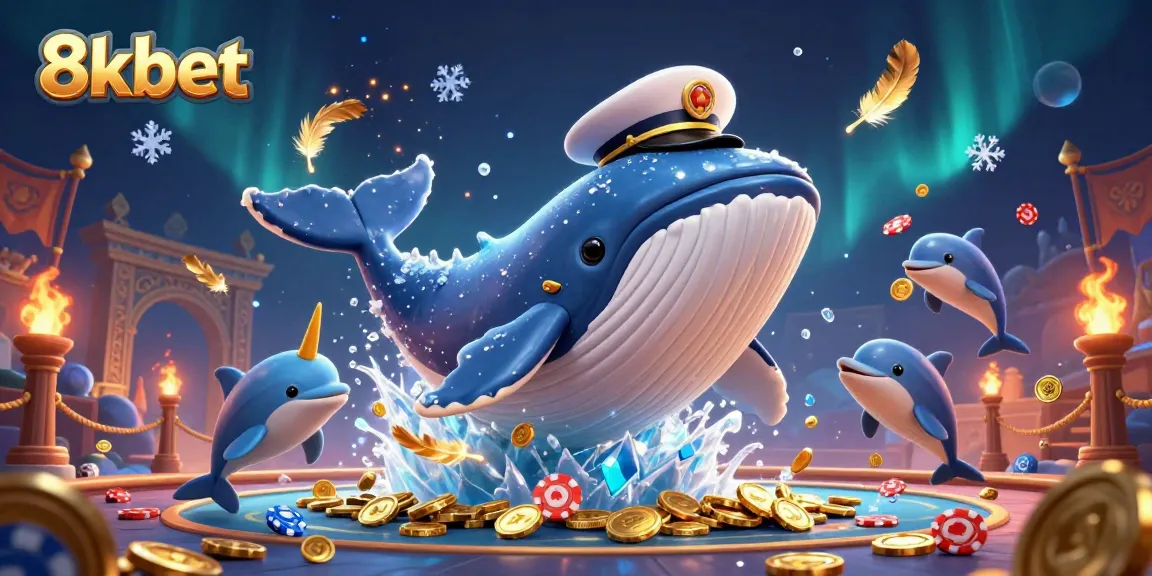Experience thrilling gameplay with 8xbet's vibrant 3D casino scene featuring playful whales and dolphins.