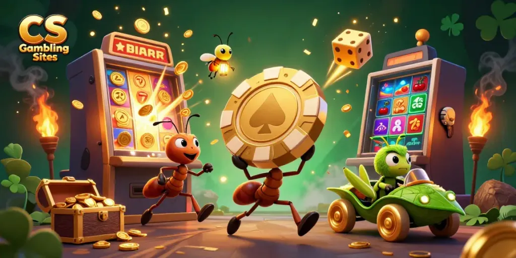 Engage in thrilling CS Gambling Sites heist illustration with cartoon ants and vibrant casino elements.